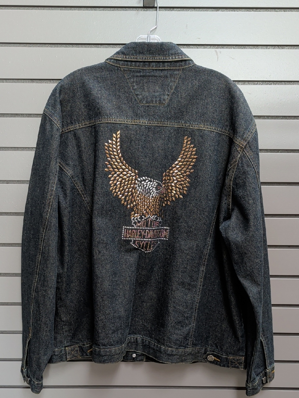 Harley-Davidson Black Denim Jacket with Gold Eagle Stud Embellishment